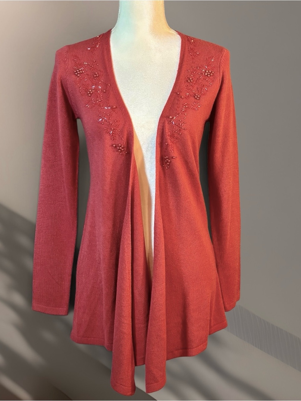 Carol Rose Embellished Open-Front Terracotta Cardigan Sweater